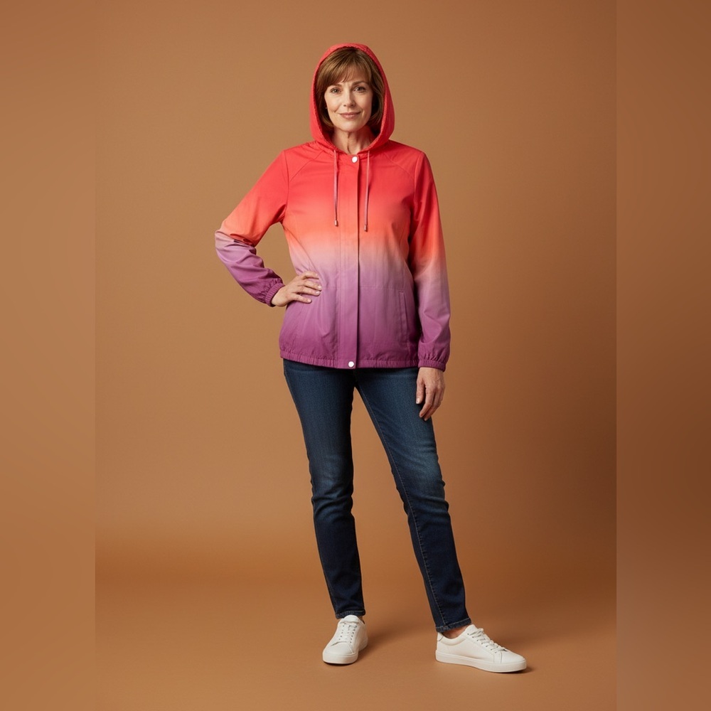 Chicos Energy Women's Ombre Hooded Lightweight Jacket With Pockets Size 2‎ (L)